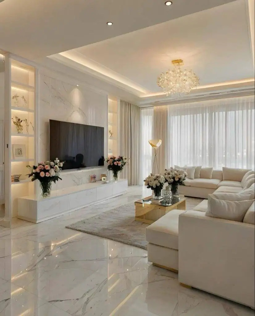 Functional white TV unit with built-in storage in a modern living room