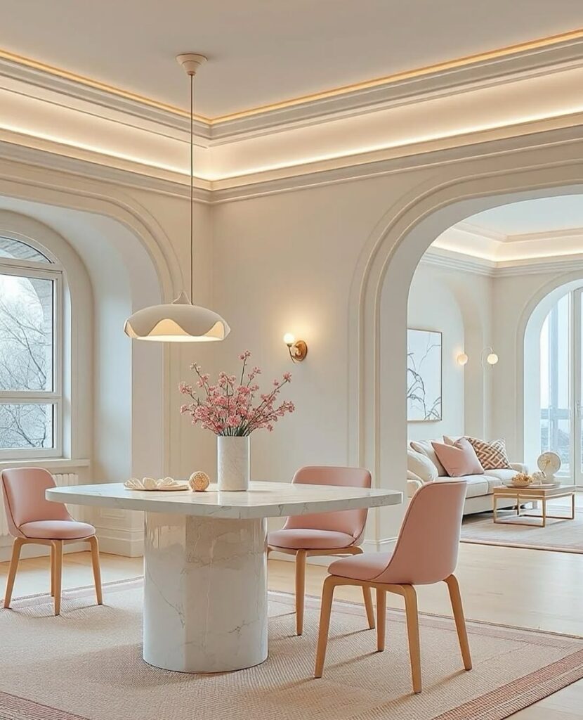 Modern white kitchen cabinets with gold fixtures in Dubai home – custom carpentry by MNC