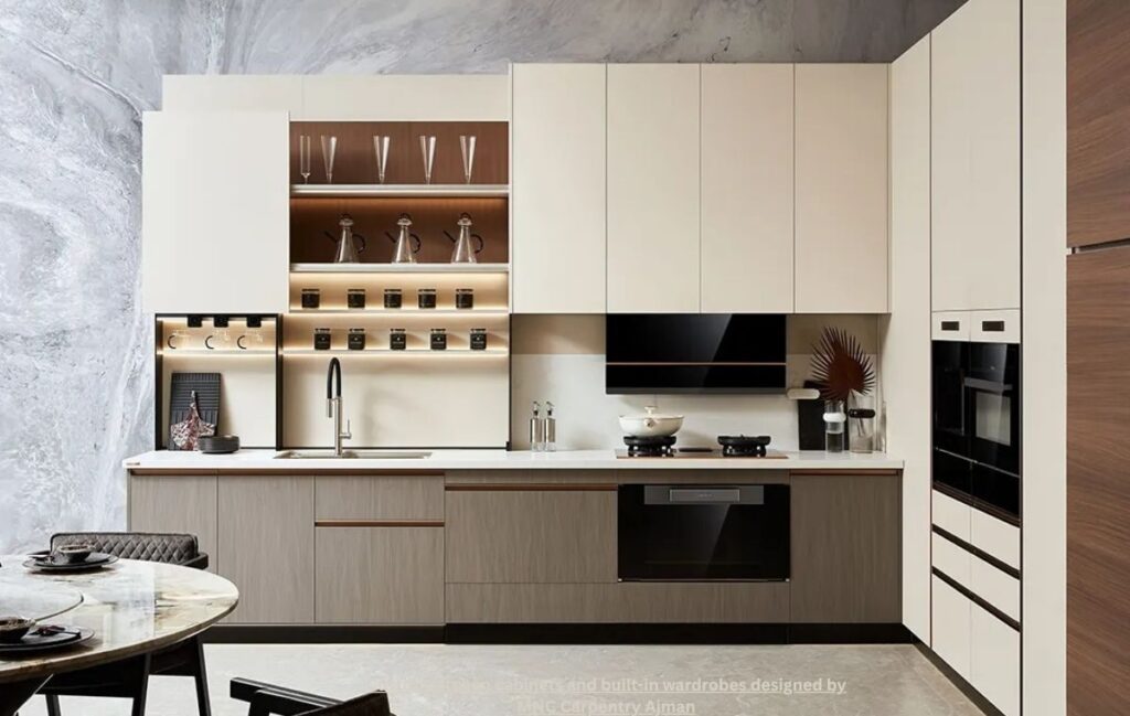 Custom modern kitchen cabinets design and installation by MNC Carpentry Dubai