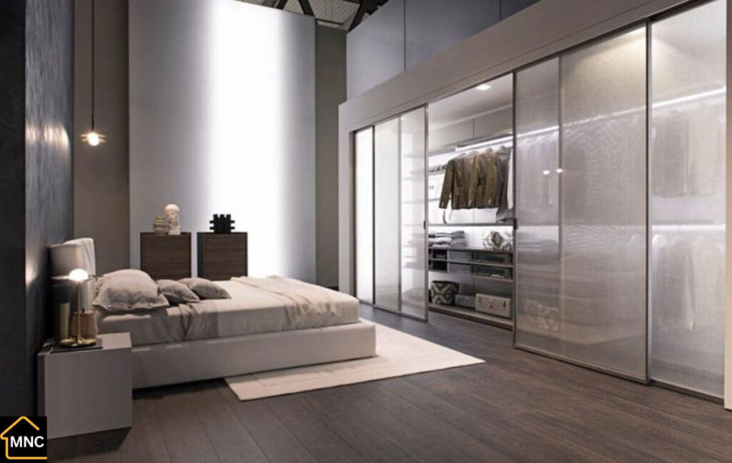 Built-in wardrobe integrated into bedroom wall