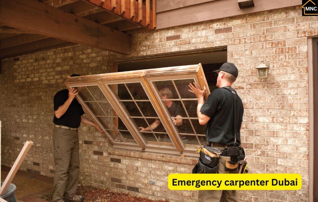 Emergency window frame repair Dubai carpenter fixing damaged wooden window
